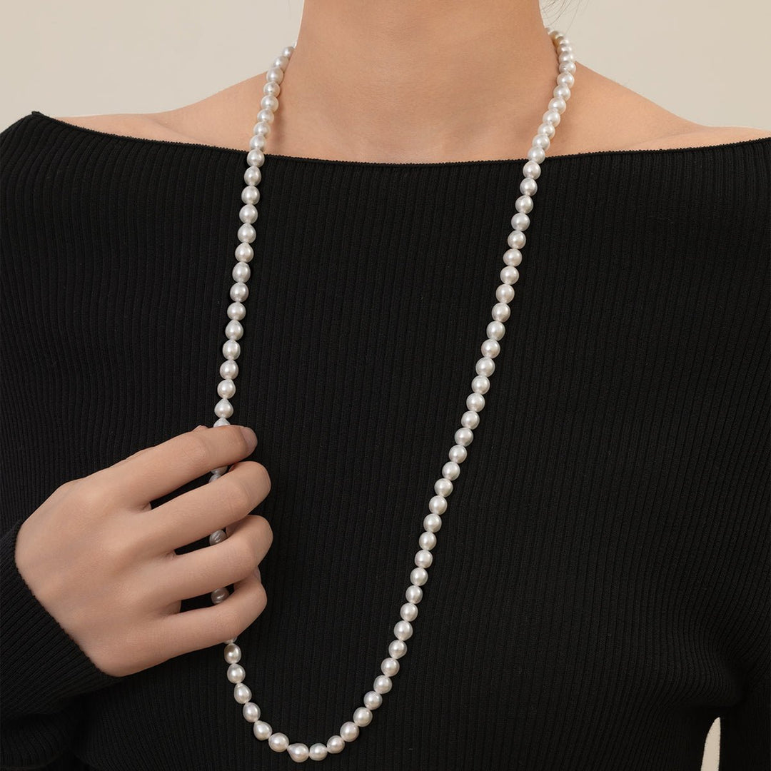 Freshwater Pearl 925 Silver Toggle Clasp Organic Ellipse Long Strand Necklace - HELAS Jewelry