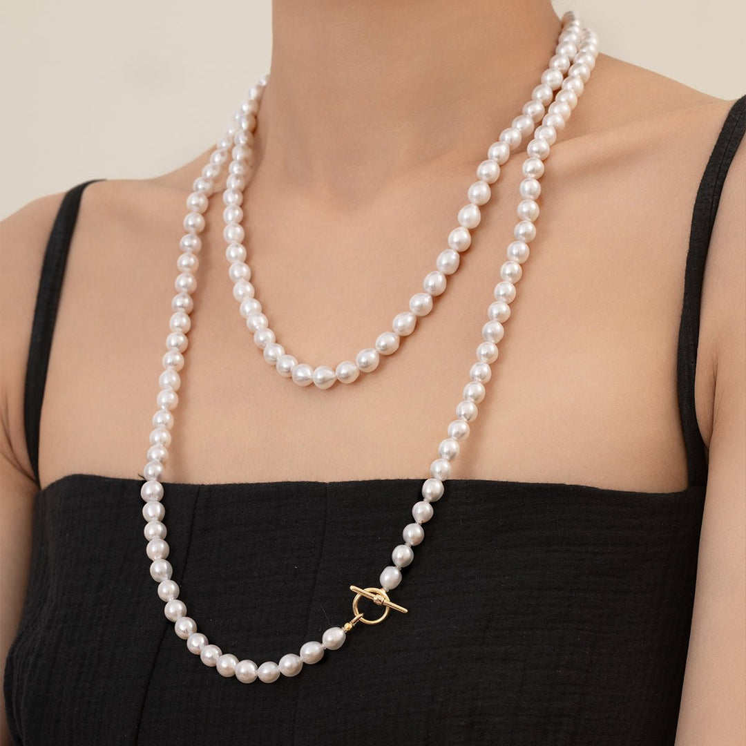 Freshwater Pearl 925 Silver Toggle Clasp Organic Ellipse Long Strand Necklace - HELAS Jewelry