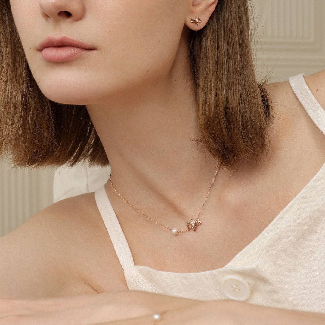 Freshwater Pearl 9K Rose Gold Lab - Grown Diamonds Lucky Flying Horse Necklace - HELAS Jewelry