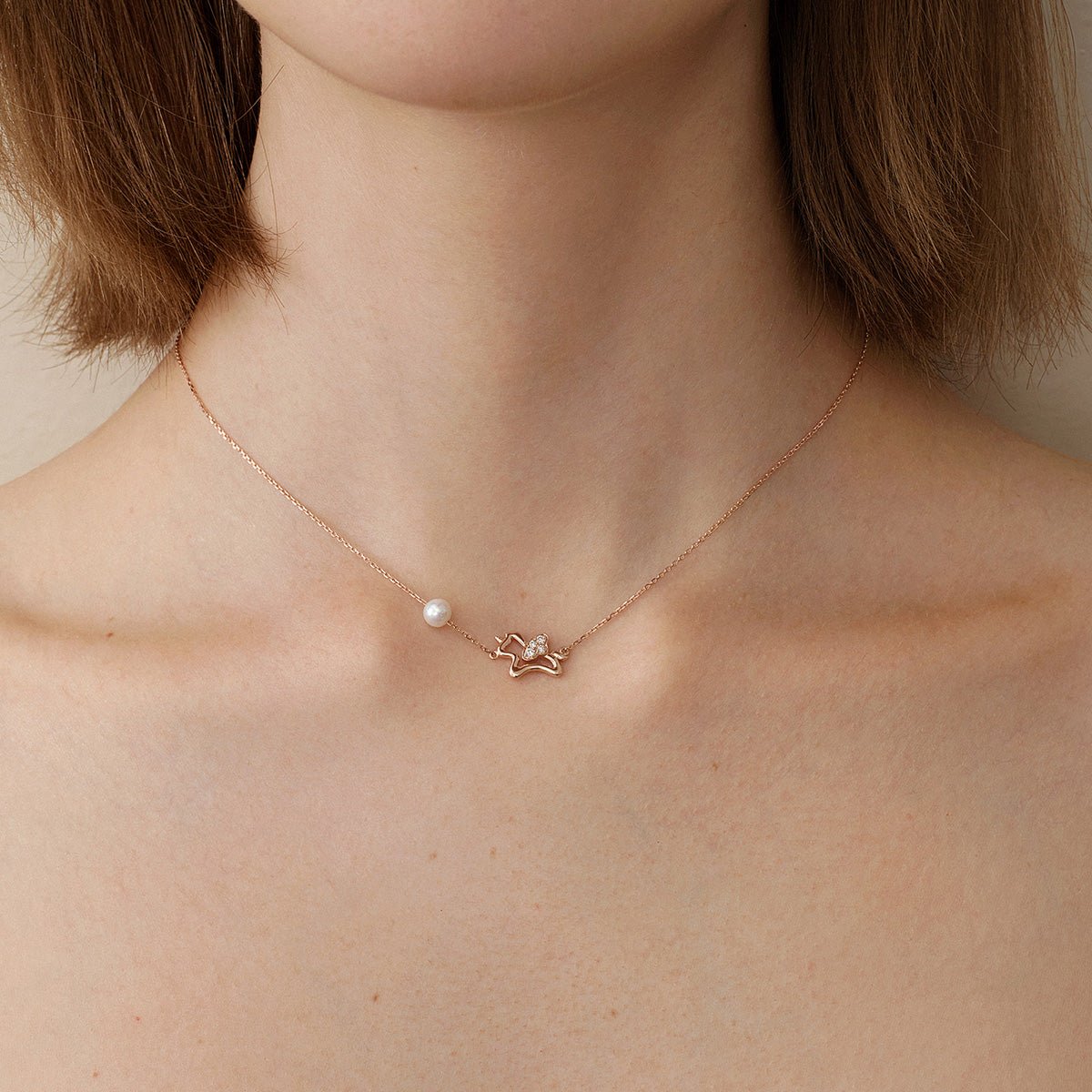 Freshwater Pearl 9K Rose Gold Lab - Grown Diamonds Lucky Flying Horse Necklace - HELAS Jewelry