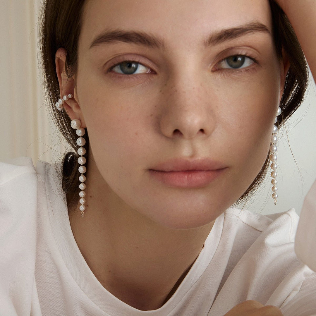 Freshwater Pearls 14K Gold Lab - Grown Diamonds Flowing Modular Hook Earrings - HELAS Jewelry