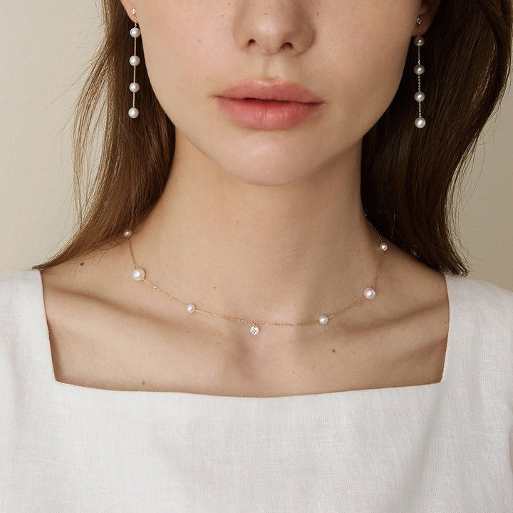 Freshwater Pearls 14K Gold Lab - Grown Diamonds Hidden Glint Necklace - HELAS Jewelry