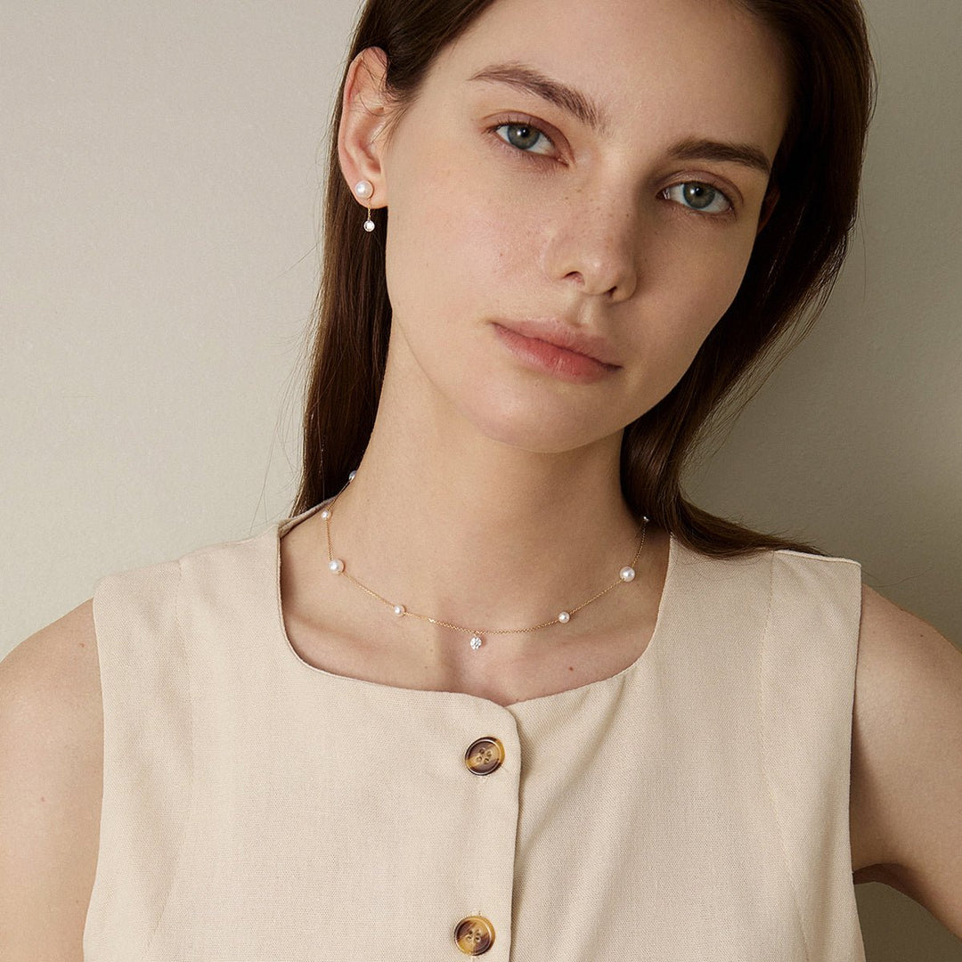 Freshwater Pearls 14K Gold Lab - Grown Diamonds Hidden Glint Necklace - HELAS Jewelry