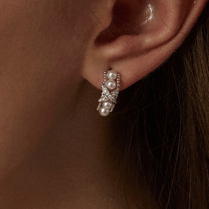 Freshwater Pearls 14K Gold Lab - Grown Diamonds Quartet X - Pearl Earrings - HELAS Jewelry