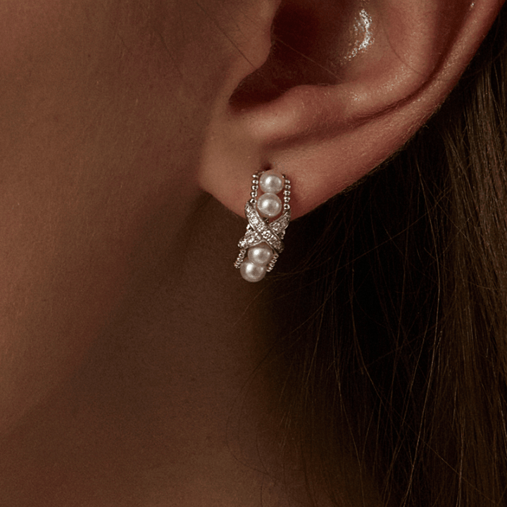 Freshwater Pearls 14K Gold Lab - Grown Diamonds Quartet X - Pearl Earrings - HELAS Jewelry