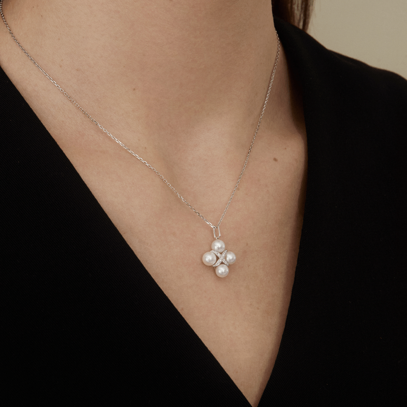 Freshwater Pearls 14K Gold Lab - Grown Diamonds Quartet X - Pearl Pendant Necklace - HELAS Jewelry