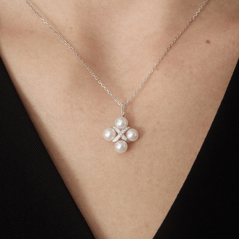 Freshwater Pearls 14K Gold Lab - Grown Diamonds Quartet X - Pearl Pendant Necklace - HELAS Jewelry