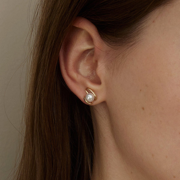 Freshwater Pearls 14K Gold Ribbon H Studs Earrings - HELAS Jewelry
