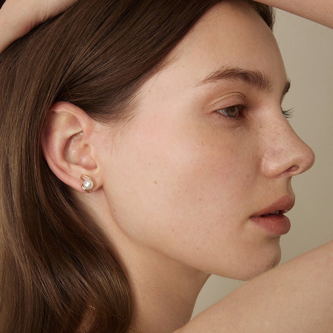 Freshwater Pearls 14K Gold Ribbon H Studs Earrings - HELAS Jewelry