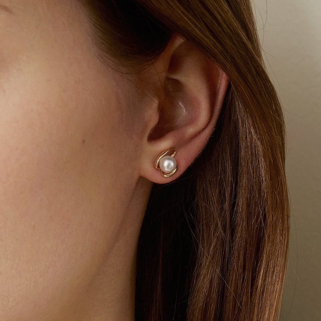 Freshwater Pearls 14K Gold Ribbon H Studs Earrings - HELAS Jewelry