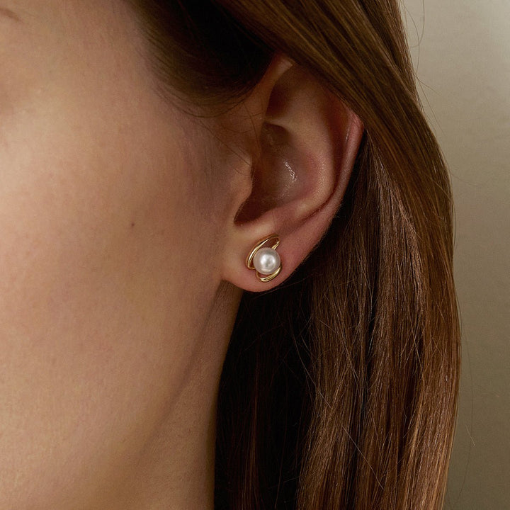 Freshwater Pearls 14K Gold Ribbon H Studs Earrings - HELAS Jewelry