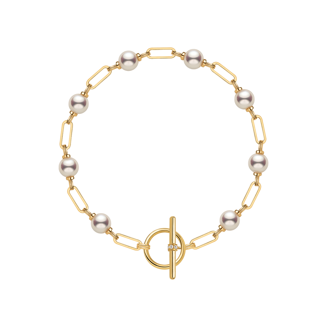 AAAAA freshwater pearl gold vermeil diamond OT toggle chain bracelet in 925 sterling silver, product flat lay on transparent background
