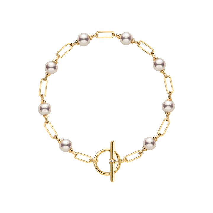 AAAAA freshwater pearl gold vermeil diamond OT toggle chain bracelet in 925 sterling silver, product flat lay on transparent background