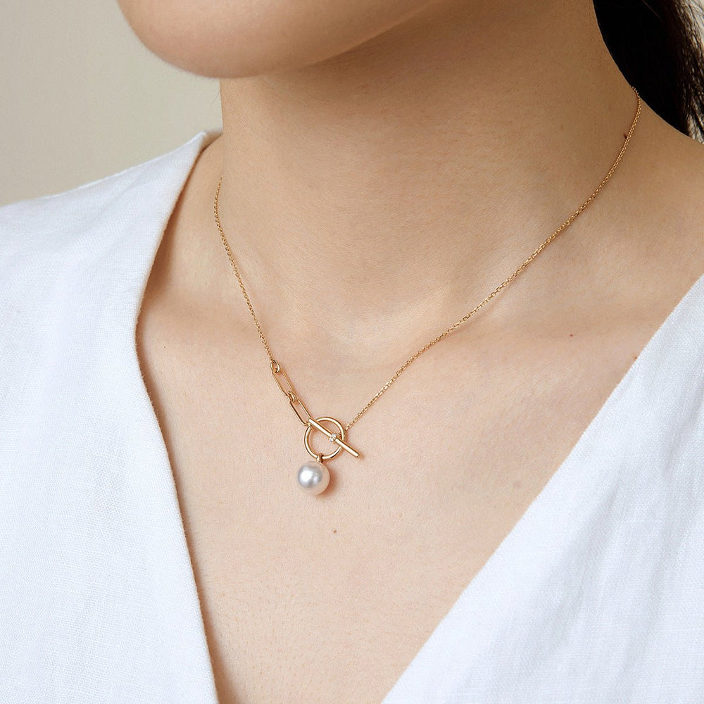 Akoya Pearl 18K Gold Diamond Tension Poise Clasp Necklace - HELAS Jewelry