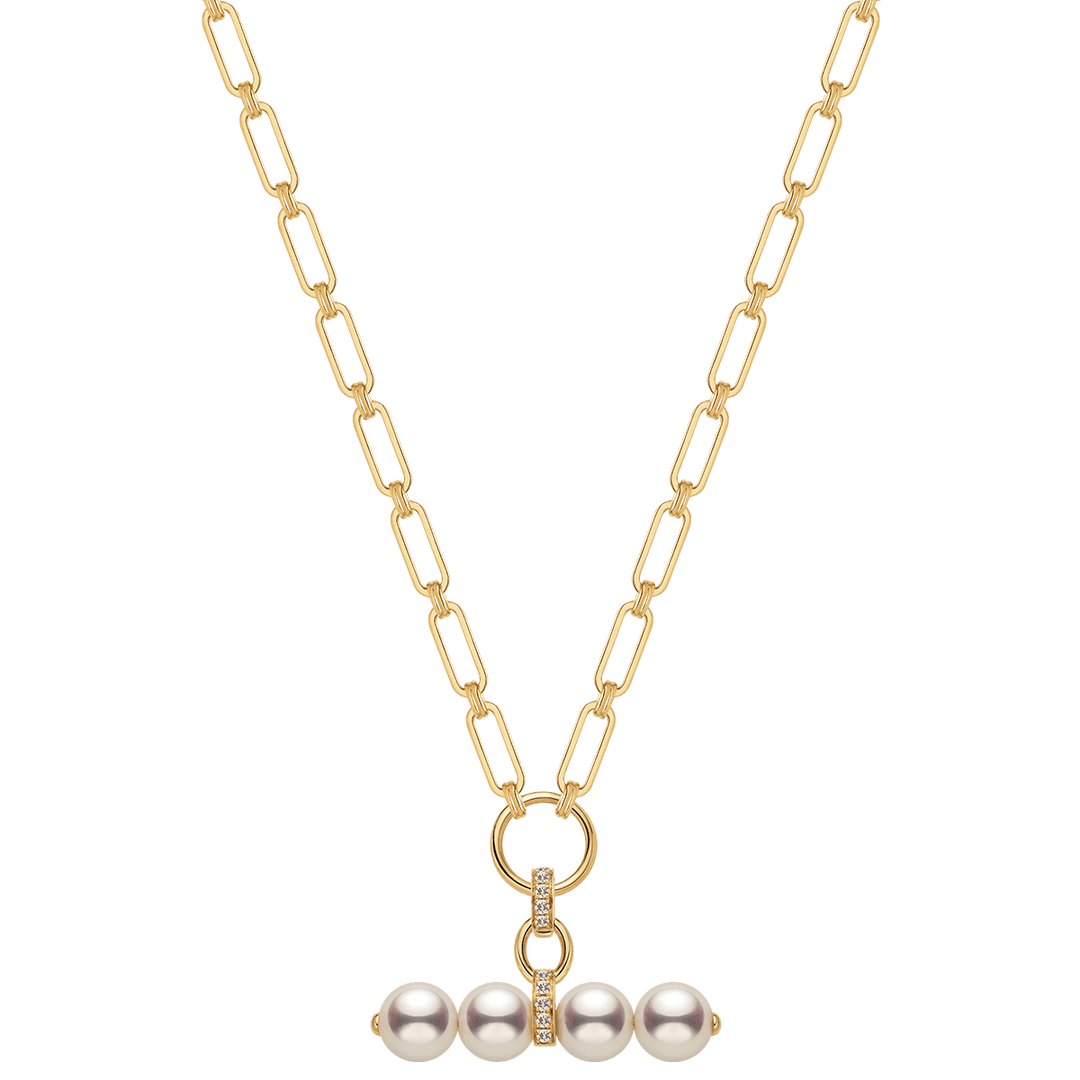 Akoya Pearl 18K Gold Diamond Lever Pendant Interlock Necklace - HELAS Jewelry
