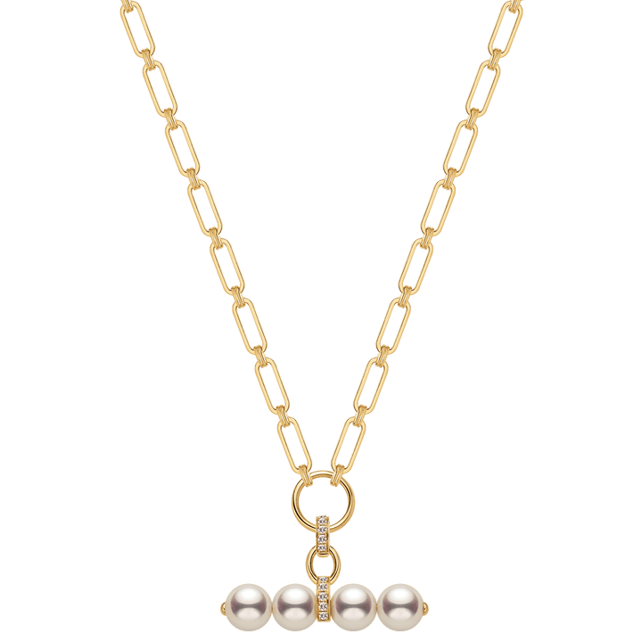 Akoya Pearl 18K Gold Diamond Lever Pendant Interlock Necklace - HELAS Jewelry