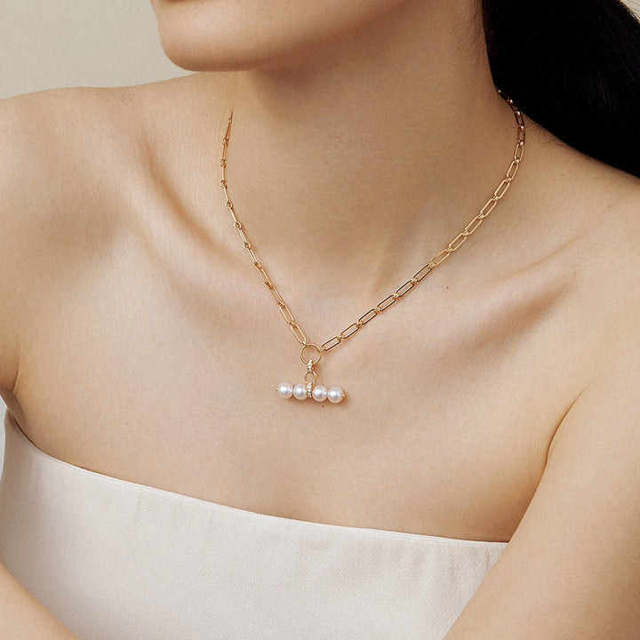 Akoya Pearl 18K Gold Diamond Lever Pendant Interlock Necklace - HELAS Jewelry