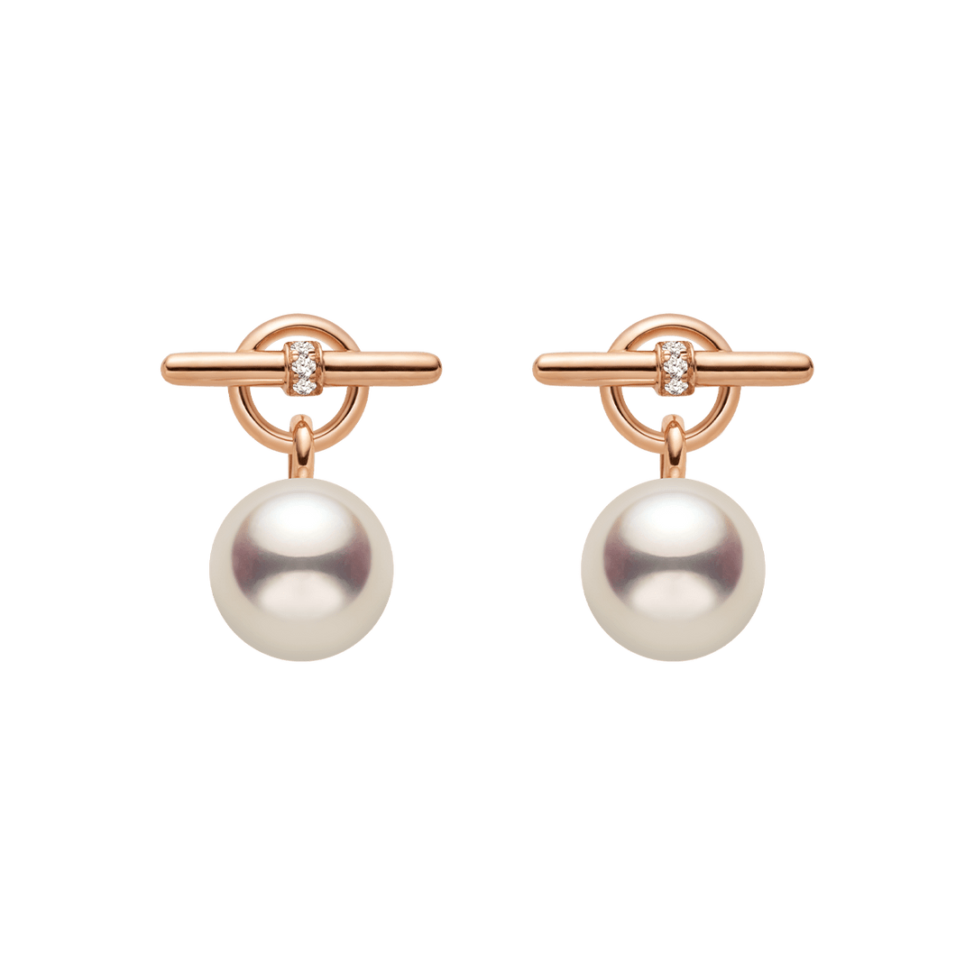Freshwater pearl rose gold vermeil parallel clasp drop earrings with lab-grown diamonds, full product view, pair
