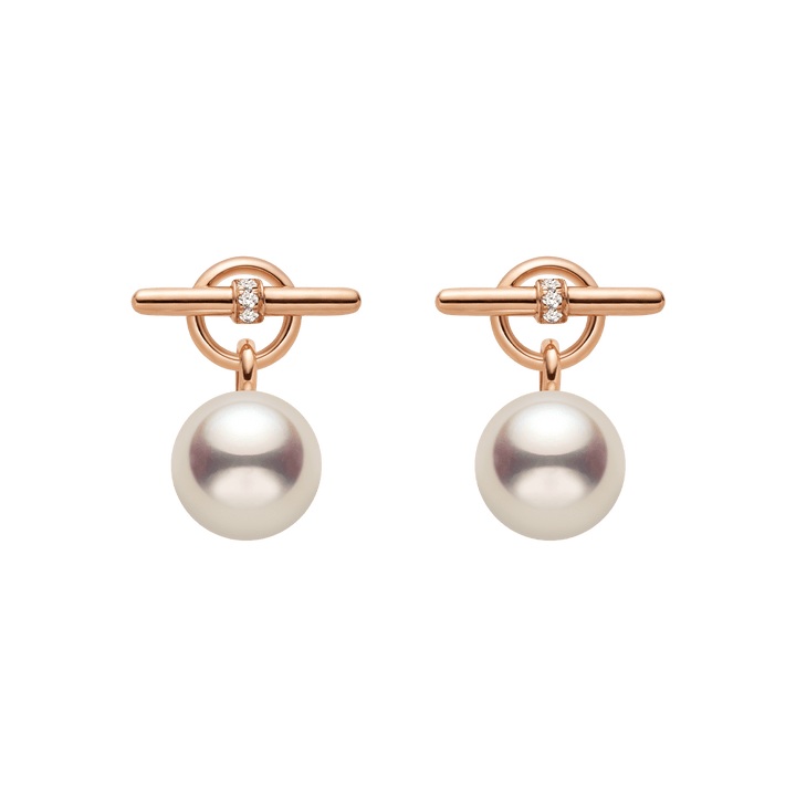 Freshwater pearl rose gold vermeil parallel clasp drop earrings with lab-grown diamonds, full product view, pair