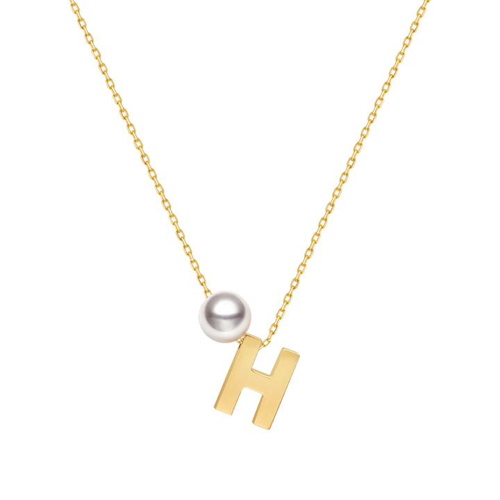 Akoya saltwater pearl 18K gold hanging initials necklace with custom letter charms, elegant jewelry by H Collection.