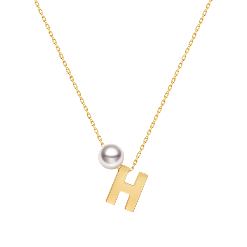 Akoya saltwater pearl 18K gold hanging initials necklace with custom letter charms, elegant jewelry by H Collection.