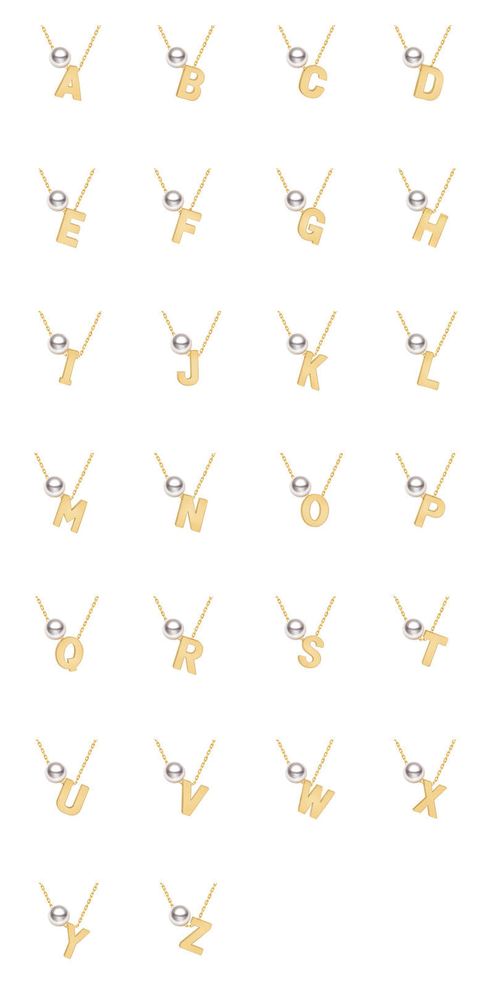 Akoya saltwater pearl 18K gold hanging initials necklace by H Collection, featuring a pearl and custom engraved initials.