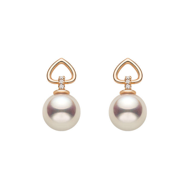 Akoya Pearl 18K Gold Diamond Red Heart Studs Earrings