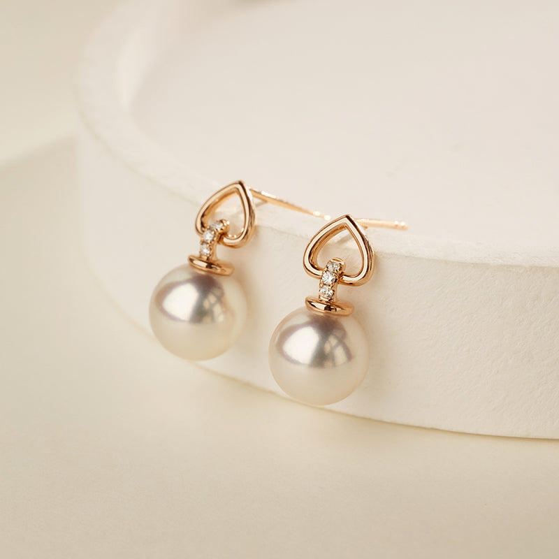Akoya Pearl 18K Gold Diamond Red Heart Studs Earrings