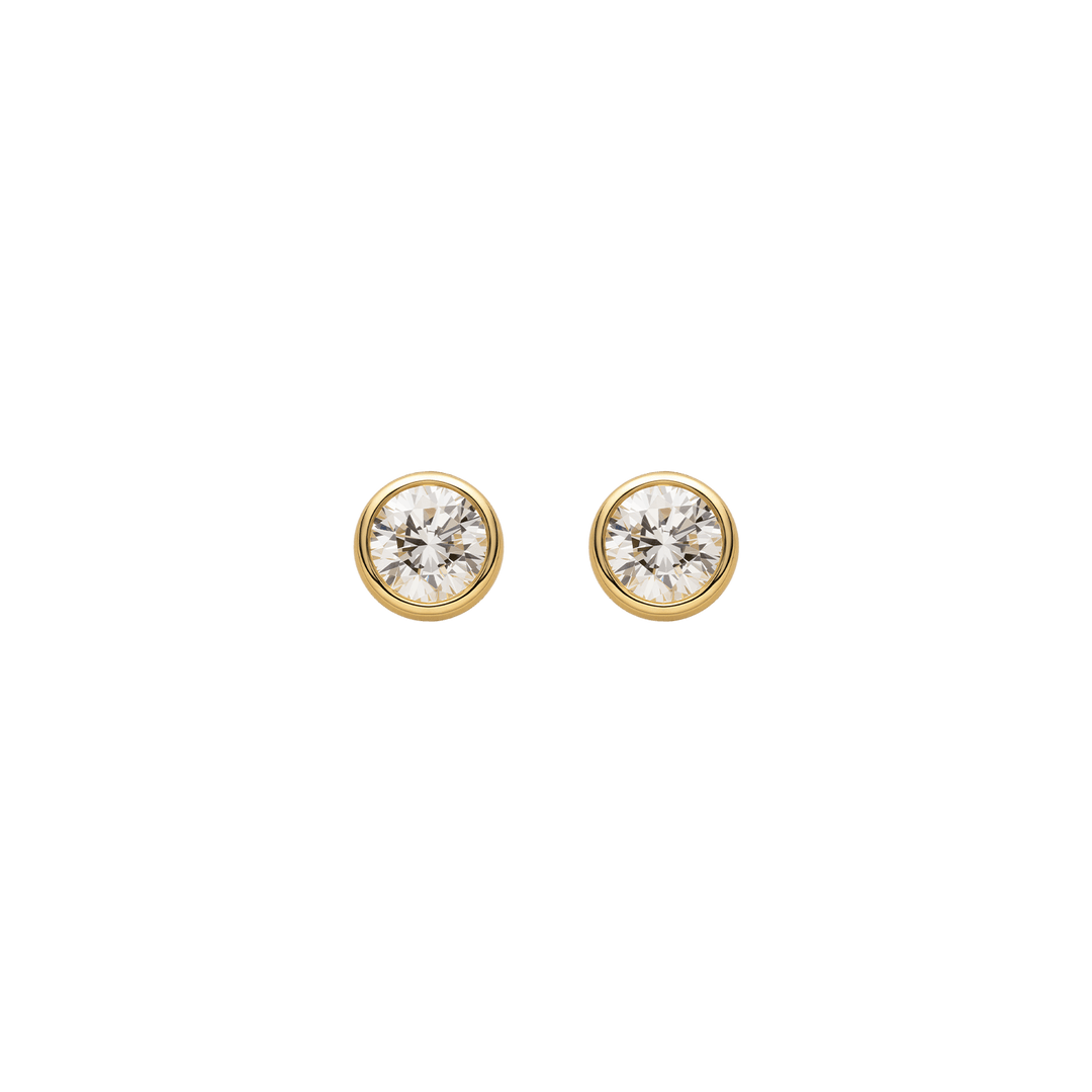 Lab-grown diamond gold vermeil bezel set round brilliant stud earrings, full product view, pair