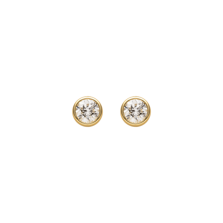 Lab-grown diamond gold vermeil bezel set round brilliant stud earrings, full product view, pair