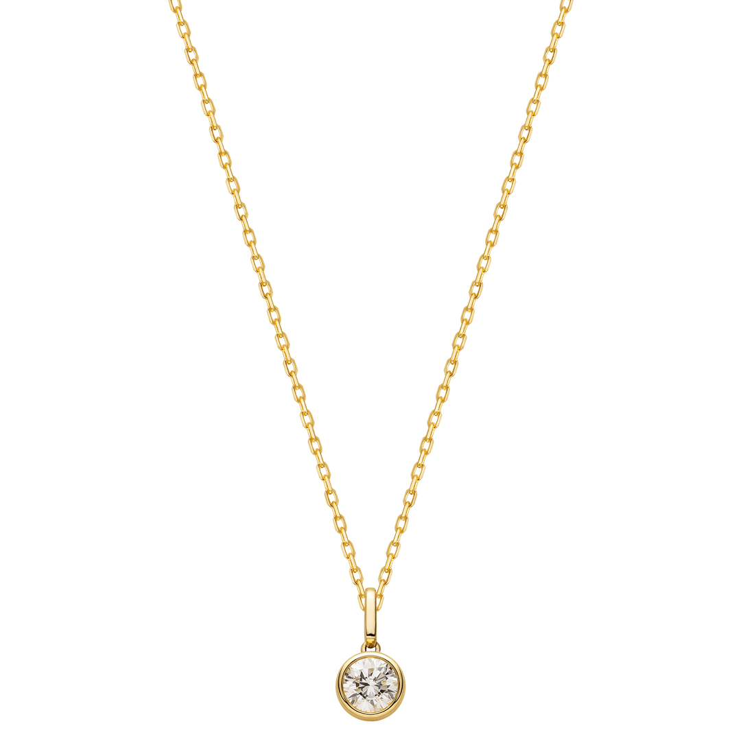 Lab-grown diamond gold vermeil bezel pendant necklace in 925 sterling silver, white background
