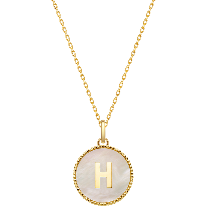 Custom letter mother-of-pearl initial necklace from Lean In Collection with a delicate chain and elegant pearl initial pendant.