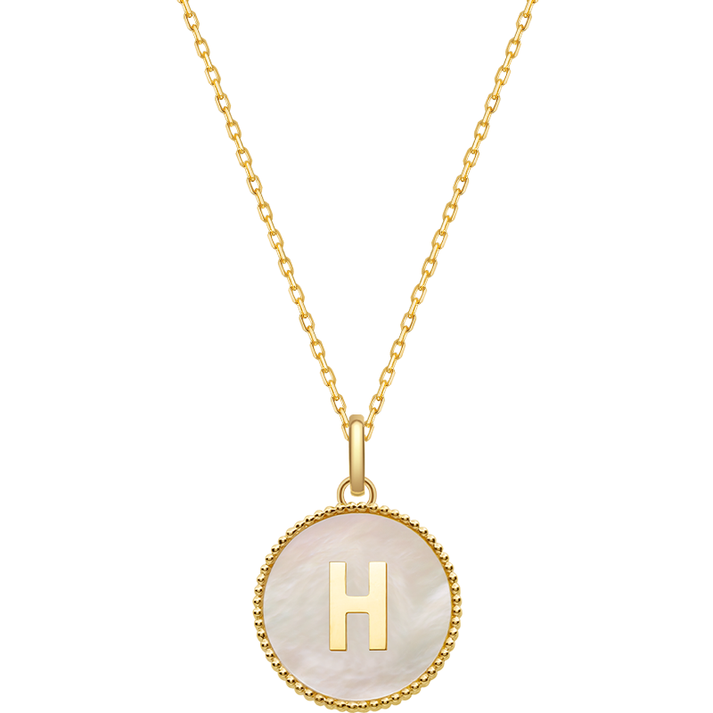Custom letter mother-of-pearl initial necklace from Lean In Collection with a delicate chain and elegant pearl initial pendant.