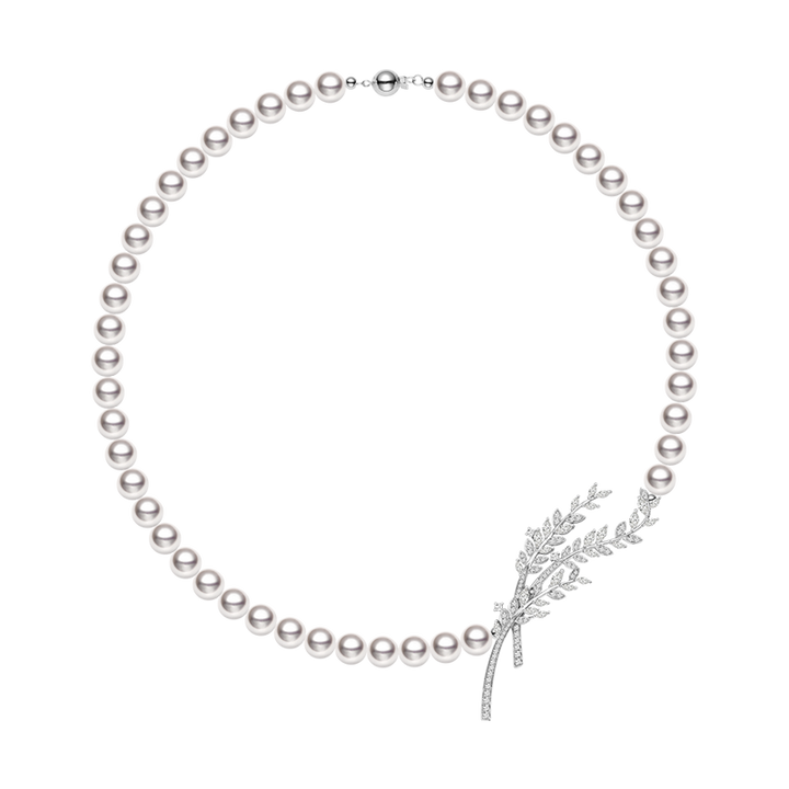 Akoya Pearl Beaded 18K Diamonds Sycamore Leaves Necklace