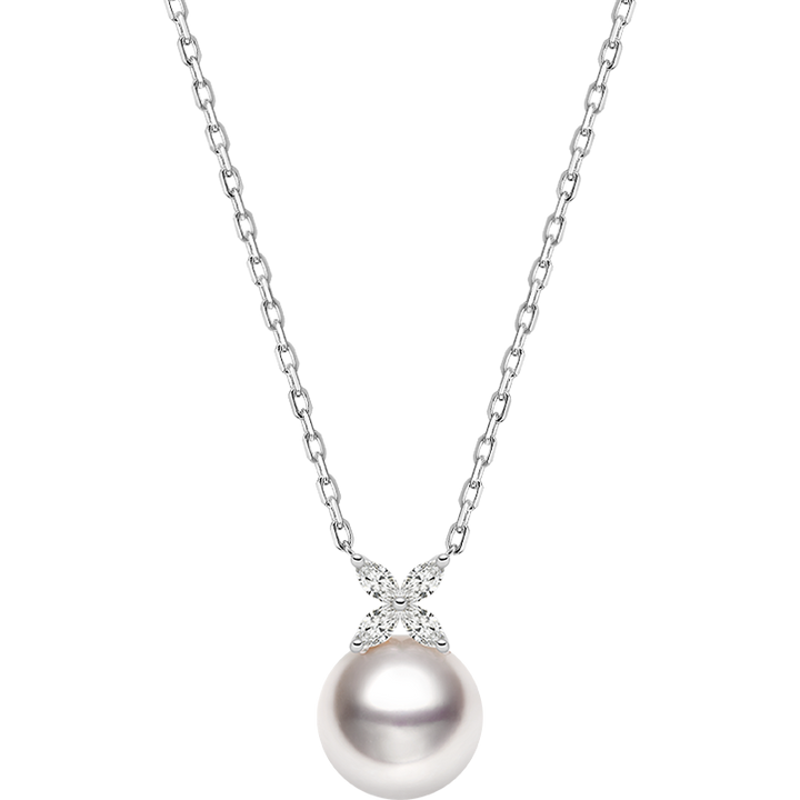 AAAAA freshwater pearl rhodium-plated sterling silver diamond flower pendant necklace, white background