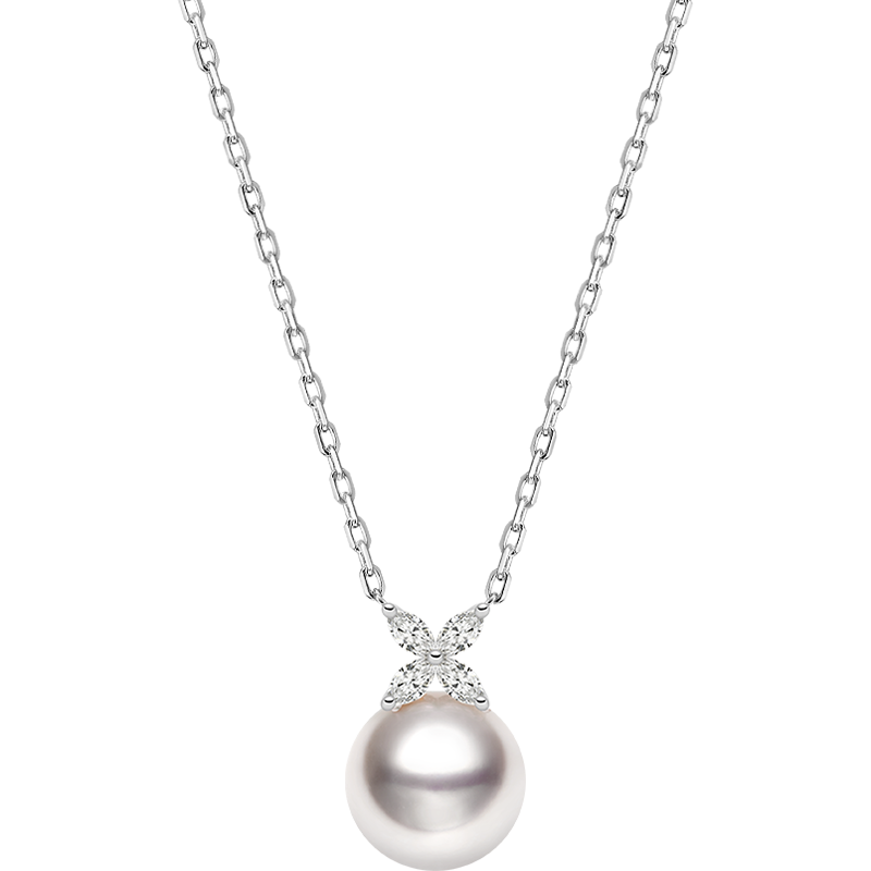 AAAAA freshwater pearl rhodium-plated sterling silver diamond flower pendant necklace, white background