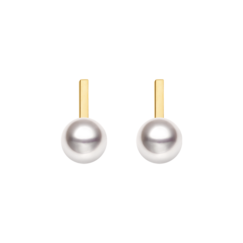 Akoya saltwater pearl earrings by Melody Collection with 18K yellow gold settings, showcasing lustrous pearls and elegant design.