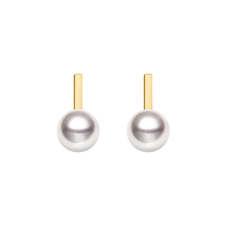 Akoya saltwater pearl earrings by Melody Collection with 18K yellow gold settings, showcasing lustrous pearls and elegant design.