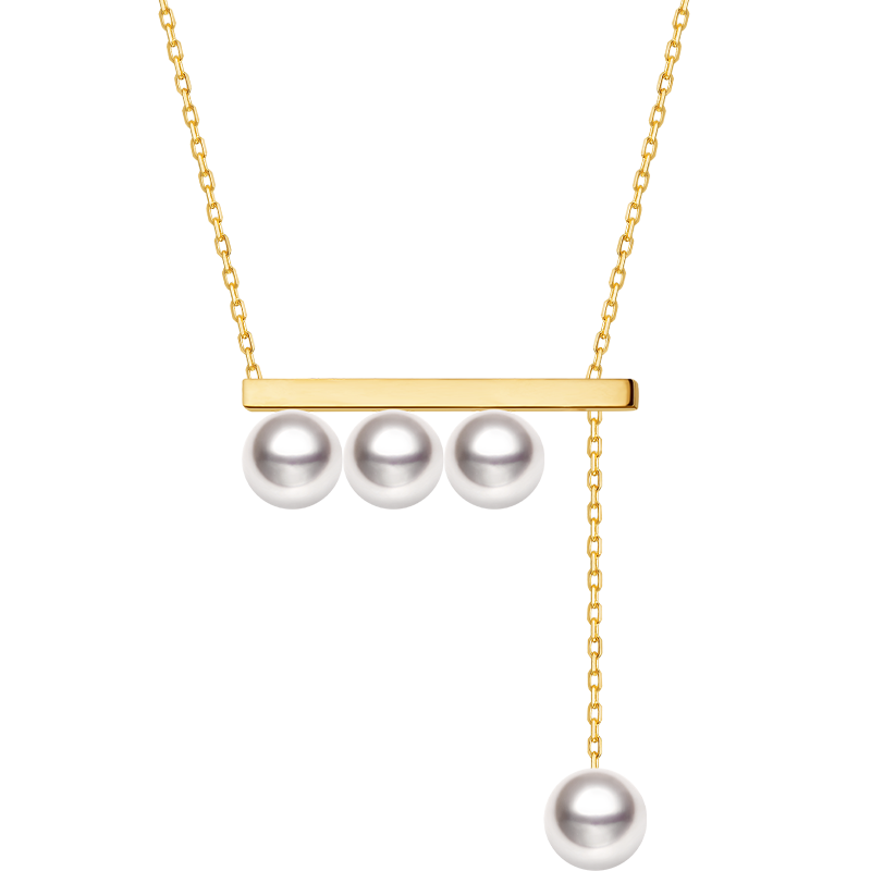 Akoya saltwater pearl 18K yellow gold balance beam necklace from Melody Collection, featuring a elegant pearl pendant on a delicate chain.