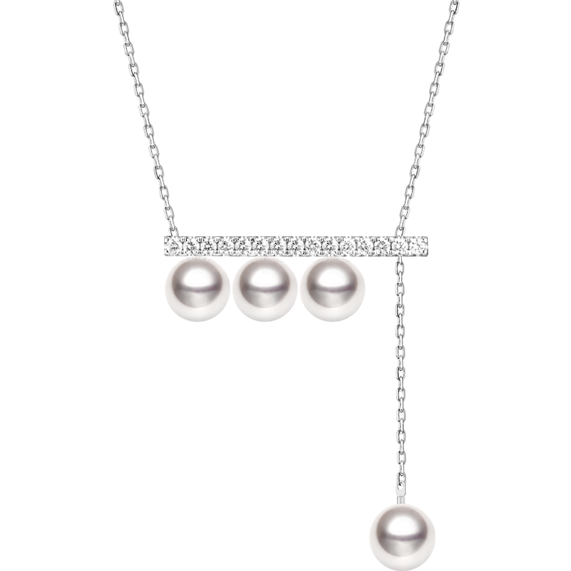 Akoya saltwater pearl 18K white gold necklace with diamond accents from Melody Collection, featuring a balanced beam design.