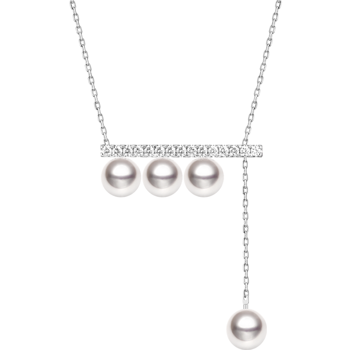 Akoya saltwater pearl 18K white gold necklace with diamond accents from Melody Collection, featuring a balanced beam design.