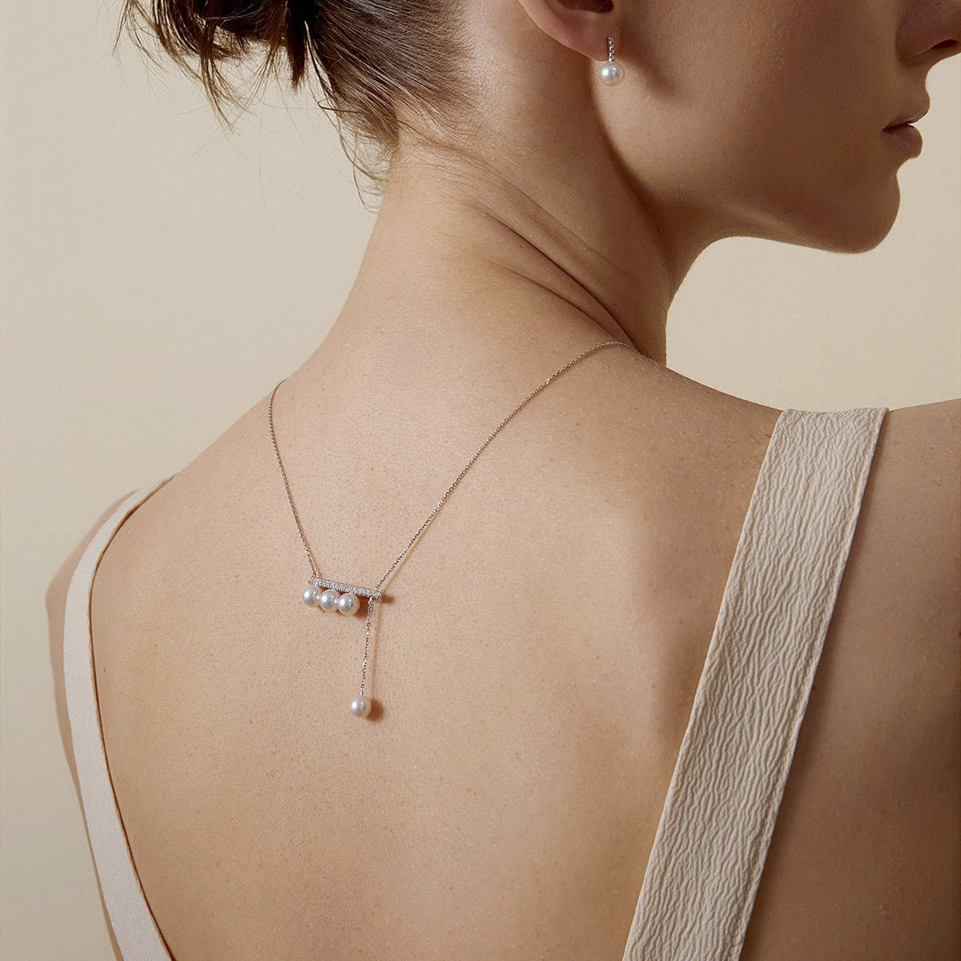 Akoya Saltwater Pearl 18K White Gold Balance Beam Diamond Necklace - HELAS Jewelry