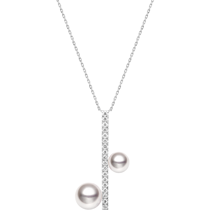 AAAAA freshwater pearl rhodium-plated sterling silver note pendant necklace with lab-grown diamonds, white background