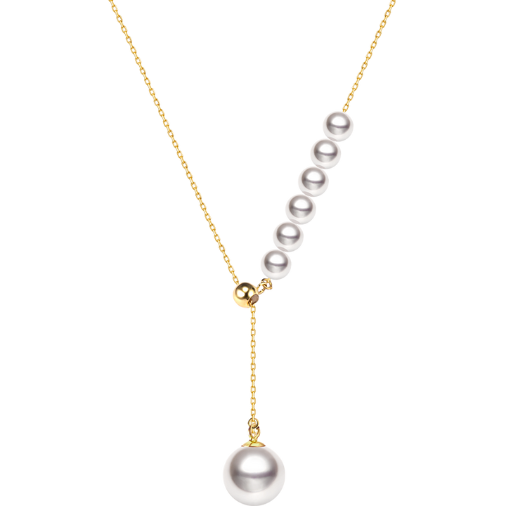 Asymmetrical Akoya pearl 18K gold necklace from Mermaid's Tear Collection featuring a delicate, elegant design.