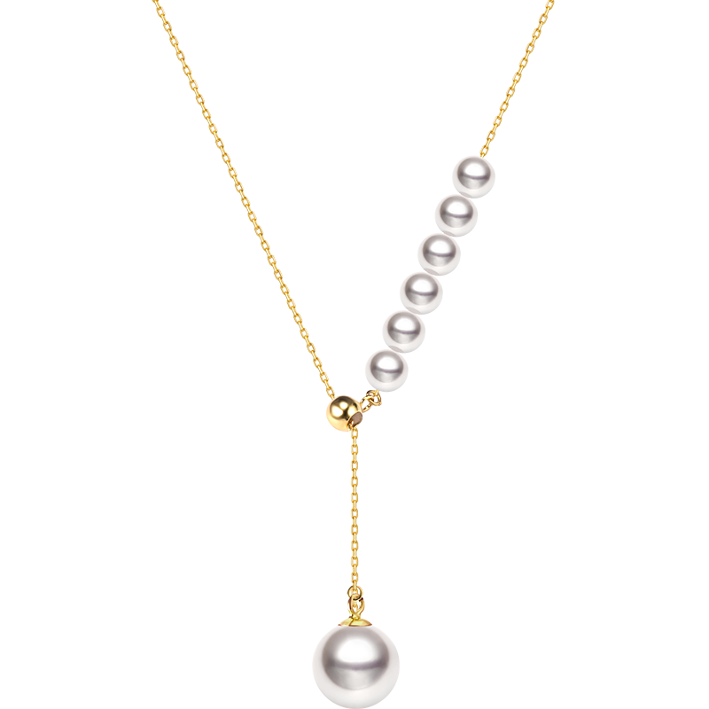 Asymmetrical Akoya pearl 18K gold necklace from Mermaid's Tear Collection featuring a delicate, elegant design.