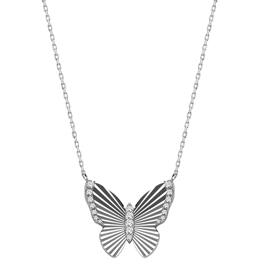 Mother of Pearl 18K Gold Diamond Radiant Cut Design Butterfly Necklace - HELAS Jewelry