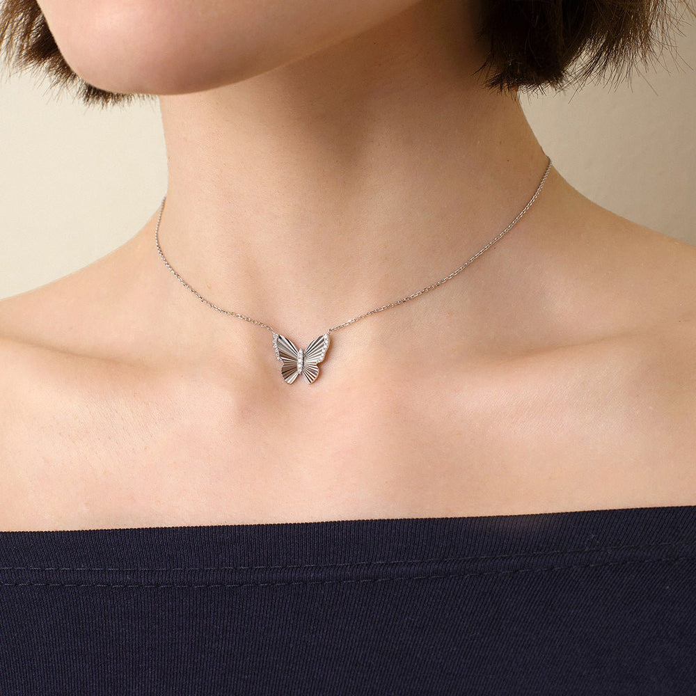 Mother of Pearl 18K Gold Diamond Radiant Cut Design Butterfly Necklace - HELAS Jewelry