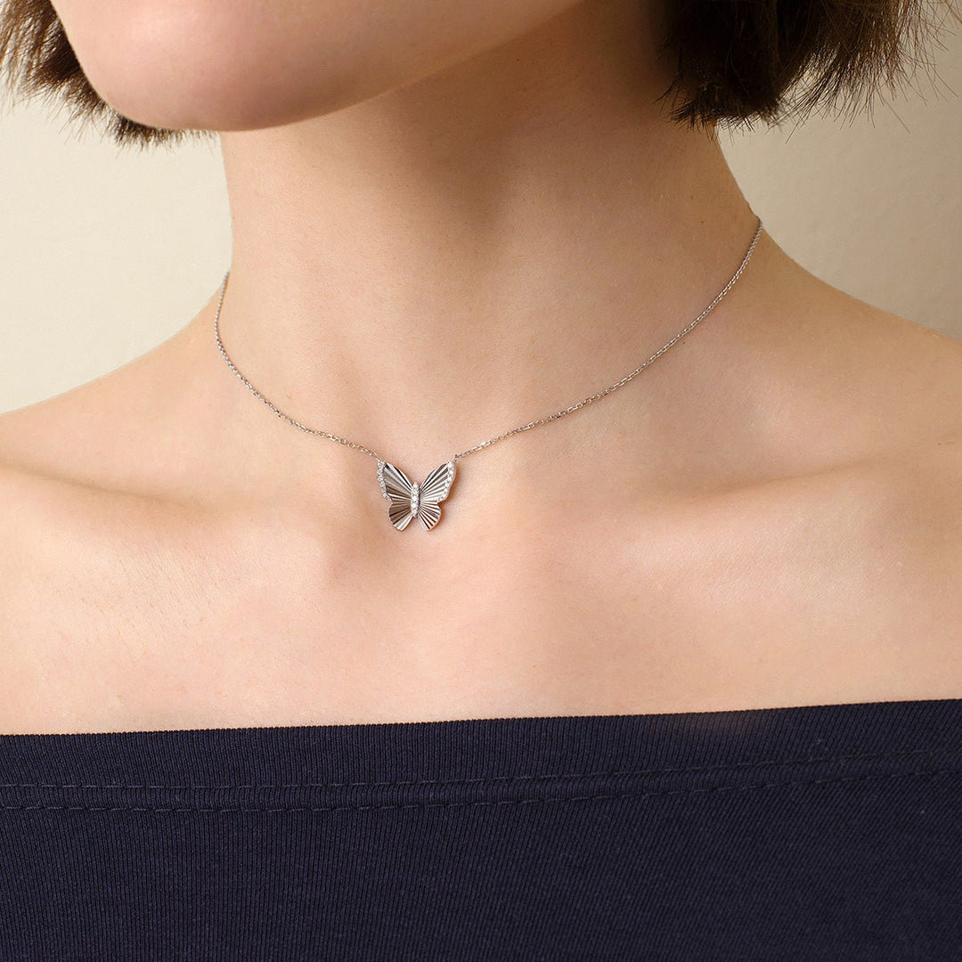 Mother of Pearl 18K Gold Diamond Radiant Cut Design Butterfly Necklace - HELAS Jewelry