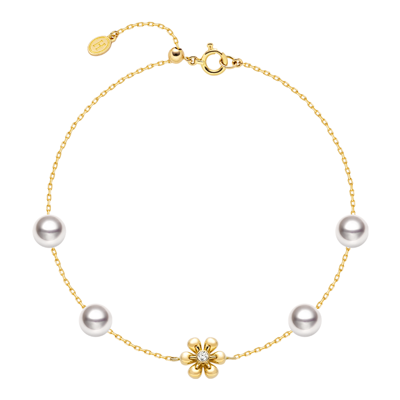 Akoya Pearl 18K Gold Diamond Flower Core Dainty Bracelet