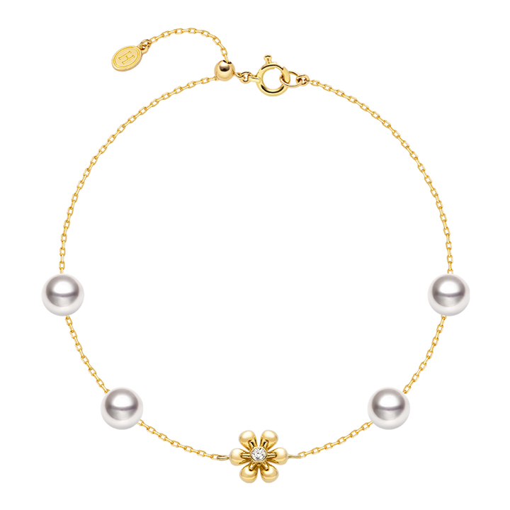 Akoya Pearl 18K Gold Diamond Flower Core Dainty Bracelet